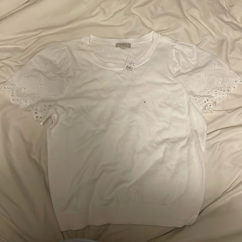 White T-shirt with beautiful sleeves, size M, with tag, brand LOFT